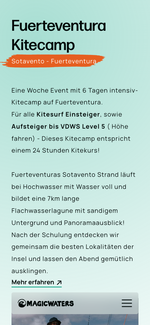 Mobile Screen Design für Webseite - Online Buchung - Magicwaters von funkhaus Creative Studio
